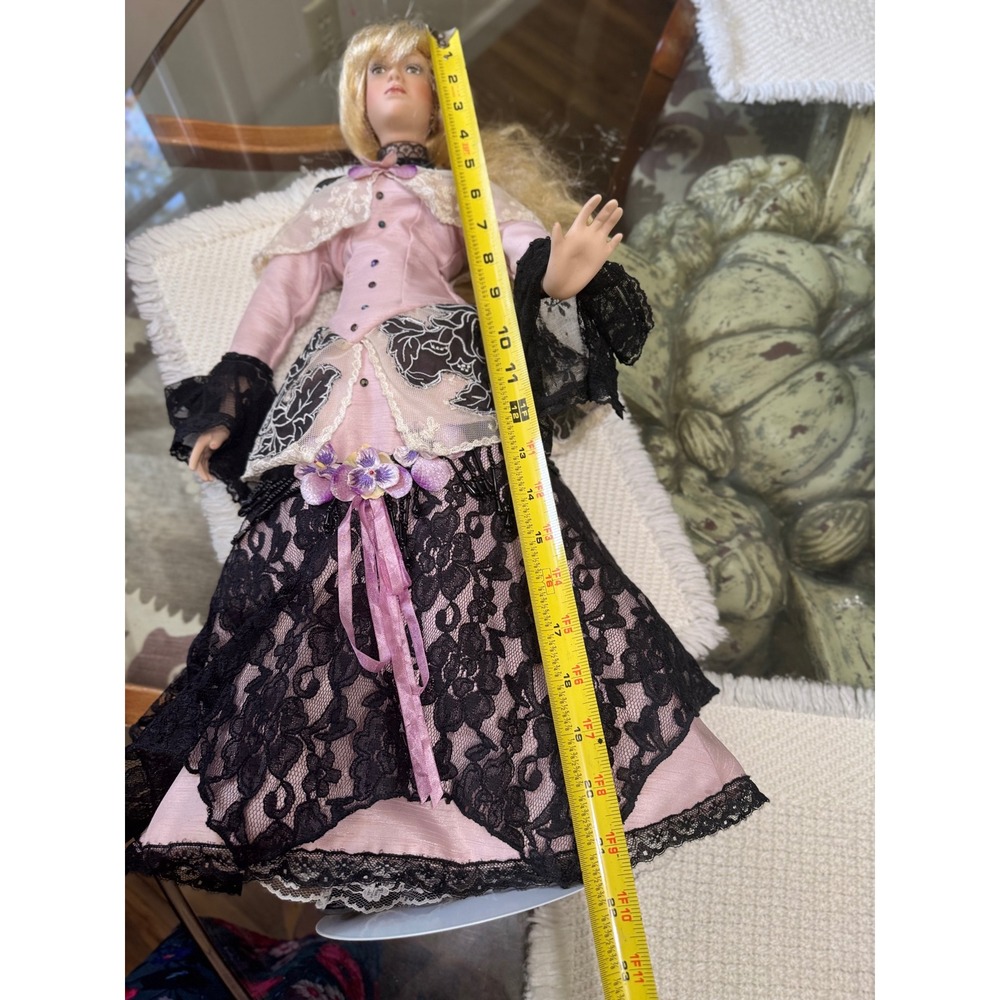 Katherine Liu AEL Porcelain Doll 23" Victorian Pink Black Lace Dress Blonde Hair - Picture 7 of 7